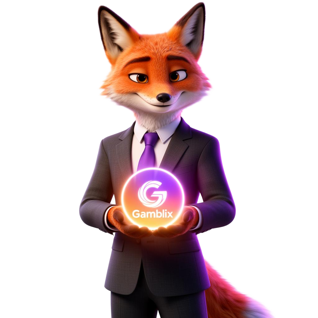 Gamblix orange fox mascot wearing purple neon outfit